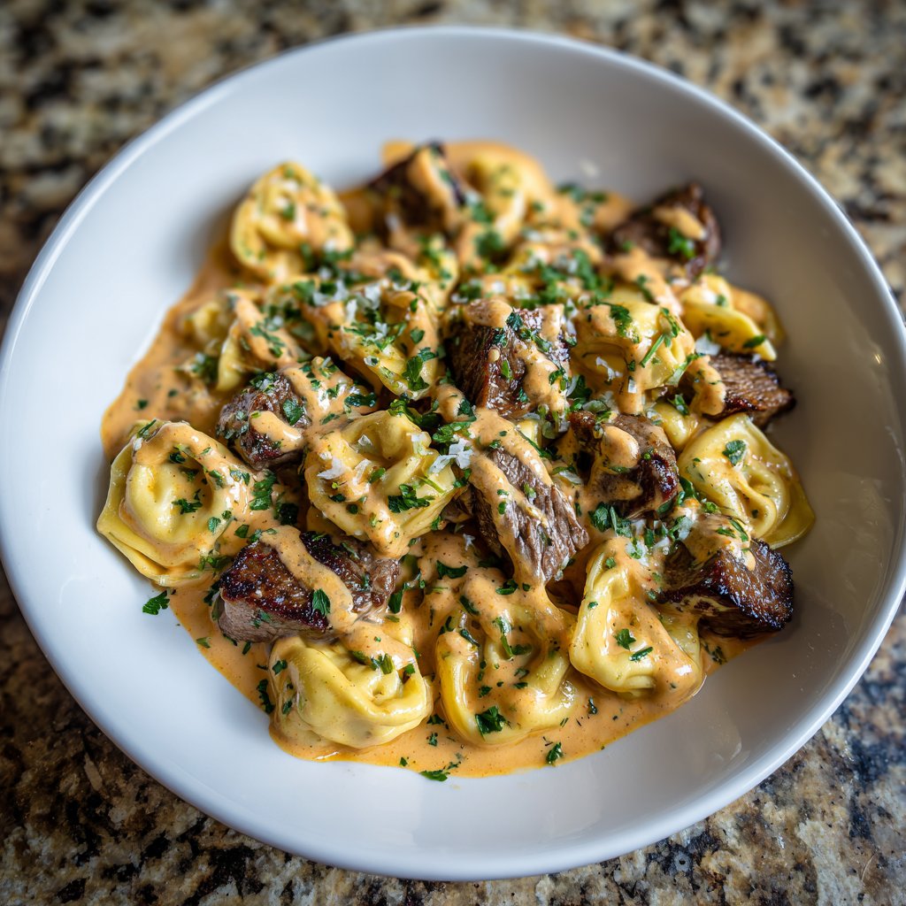 Garlic Steak Tortellini with Smoky Paprika Cream