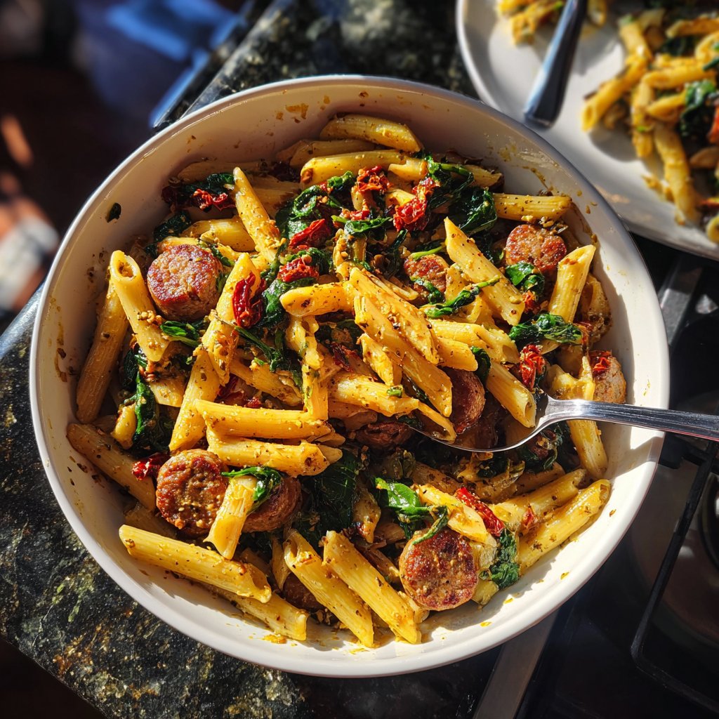 One Pot Cajun Sausage Pasta with Spinach and Sun-Dried Tomatoes
